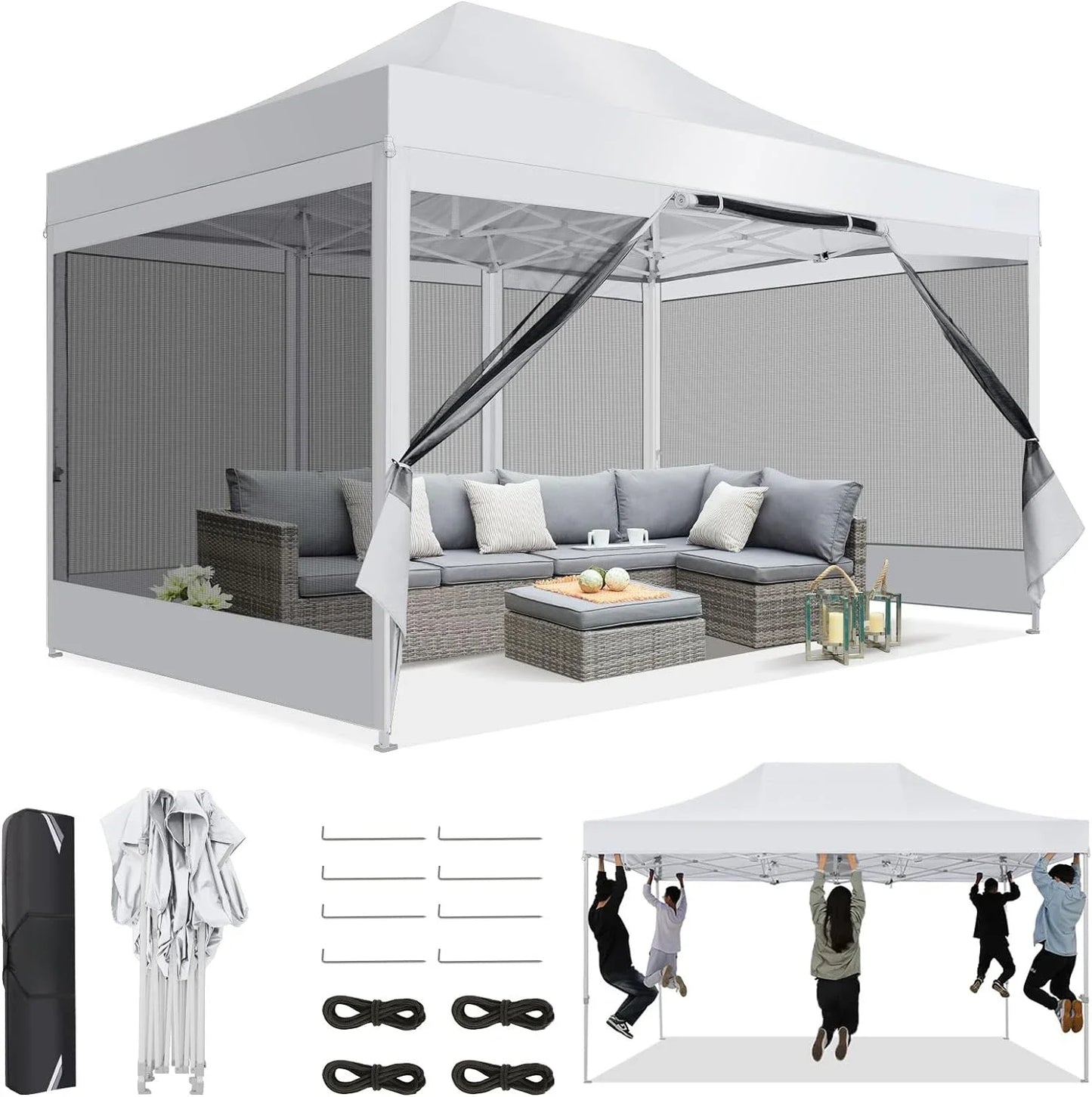 Canopy Tent 10x15 Heavy-Duty, Pop-Up Gazebo with Mosquito Netting, Waterproof Canopy with Sidewalls, Party Tent with Carry Bag