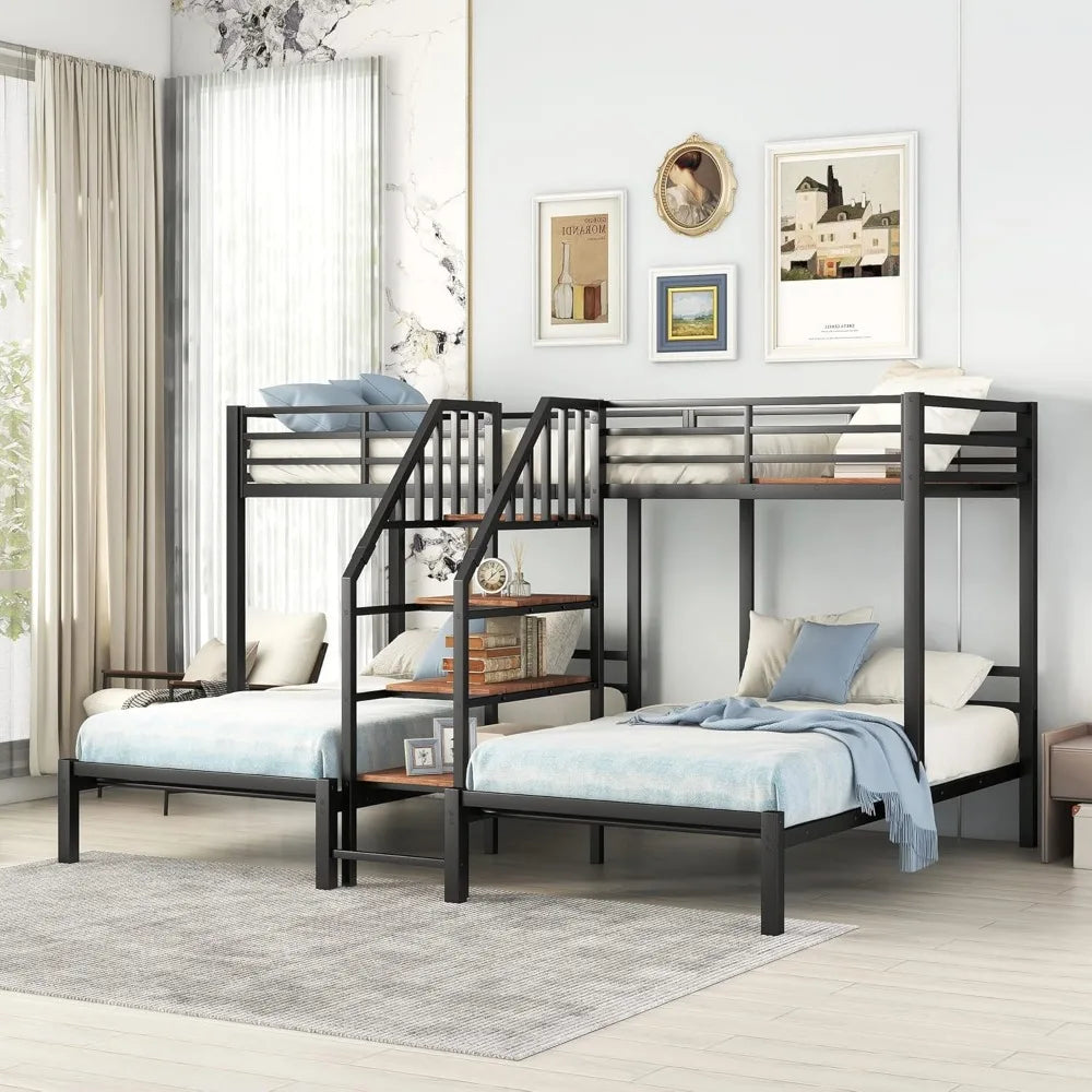 Harper & Bright Designs Metal Triple Bunk Bed with Stairs, 3 Beds Bunk Bed & Twin Over Twin Bunk Bed with Storage Shelves Stairc