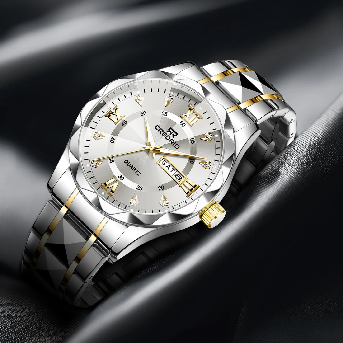 CREDRIO Men's Watches    Men's Rhinestone Luxury Luminous Waterproof Dual Calendar Week Quartz Movement Fashion Business Watch
