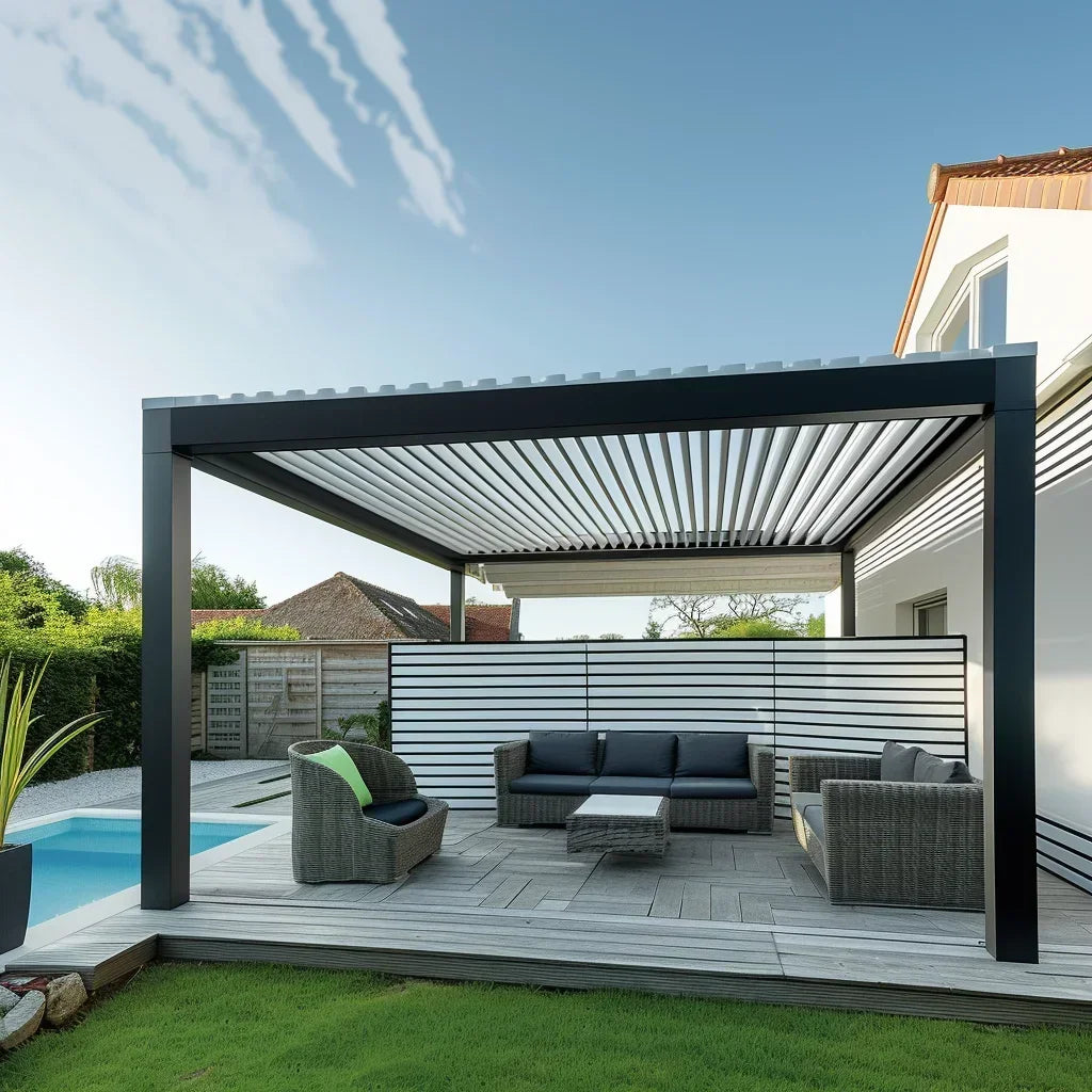 Patio Gazebo with LED Light Opening Louvered Garden Pergola Top Cover Awnings Automatic Retractable Aluminum Outdoor Pergolas