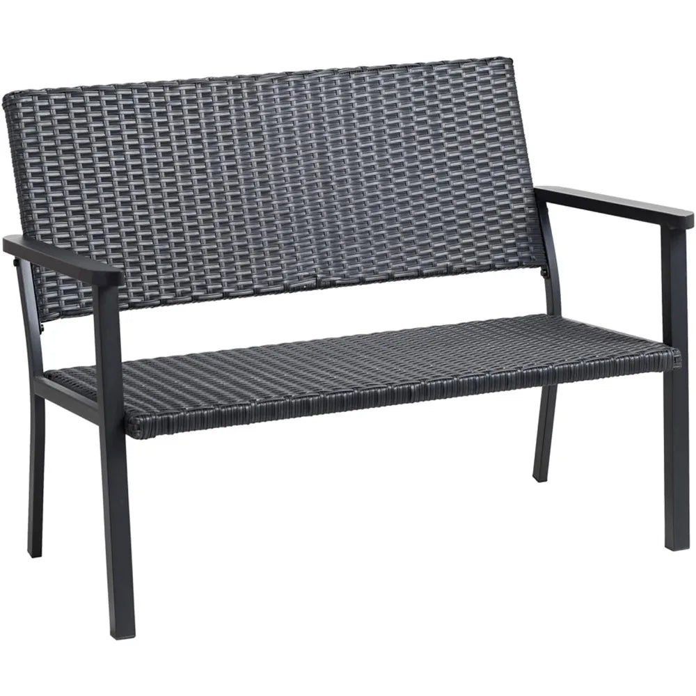 Outdoor Loveseat Bench Chair for Outside Patio Porch, Metal Frame, Black All Weather Wicker
