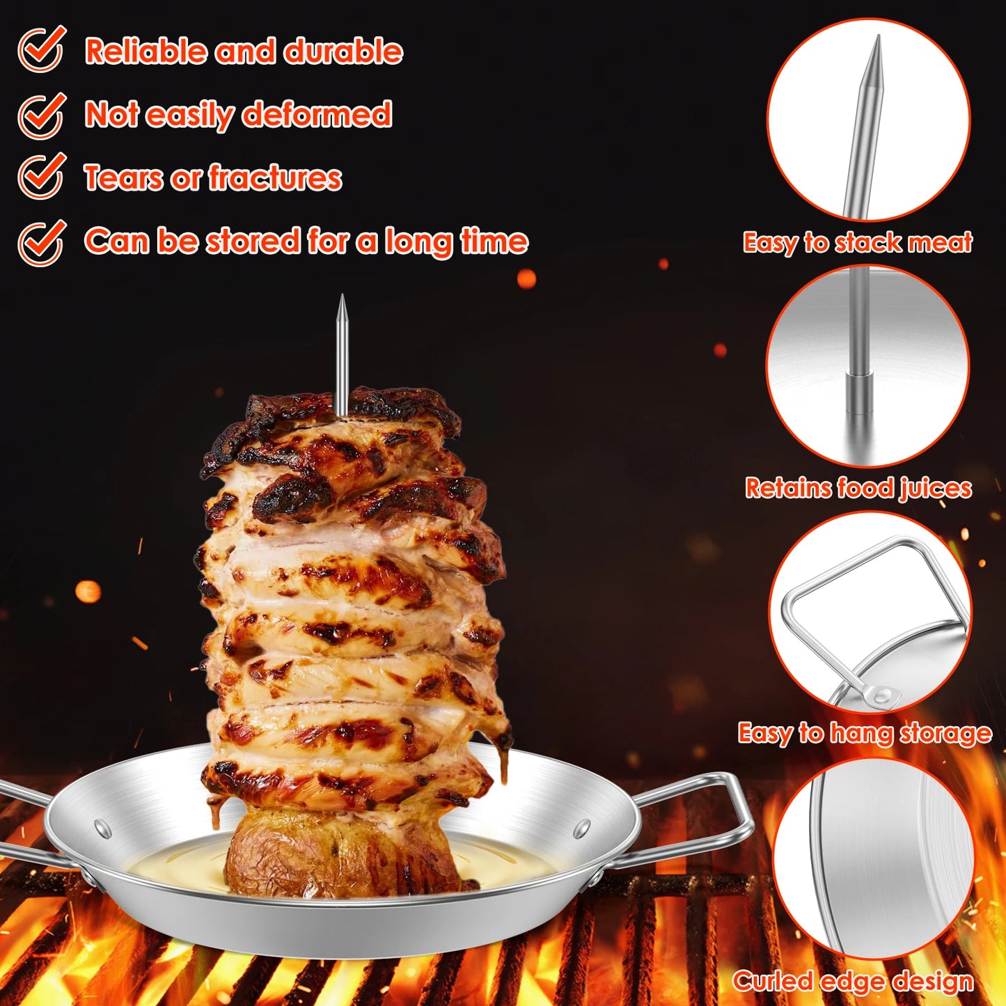 Vertical Skewer Stainless Steel Grill Shawarma Skewer Stand with Oil Bottle Brush for Kitchen Outdoor Picnic BBQ Roast Meat Tool
