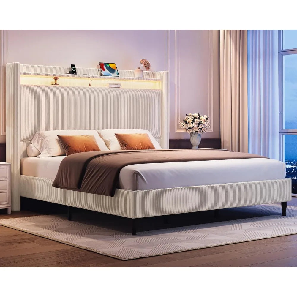 King Size Bed Frame with Tall Headboard, 55.3" Corduroy Upholstered Platform Bedframe with LED Lights & Charging Station