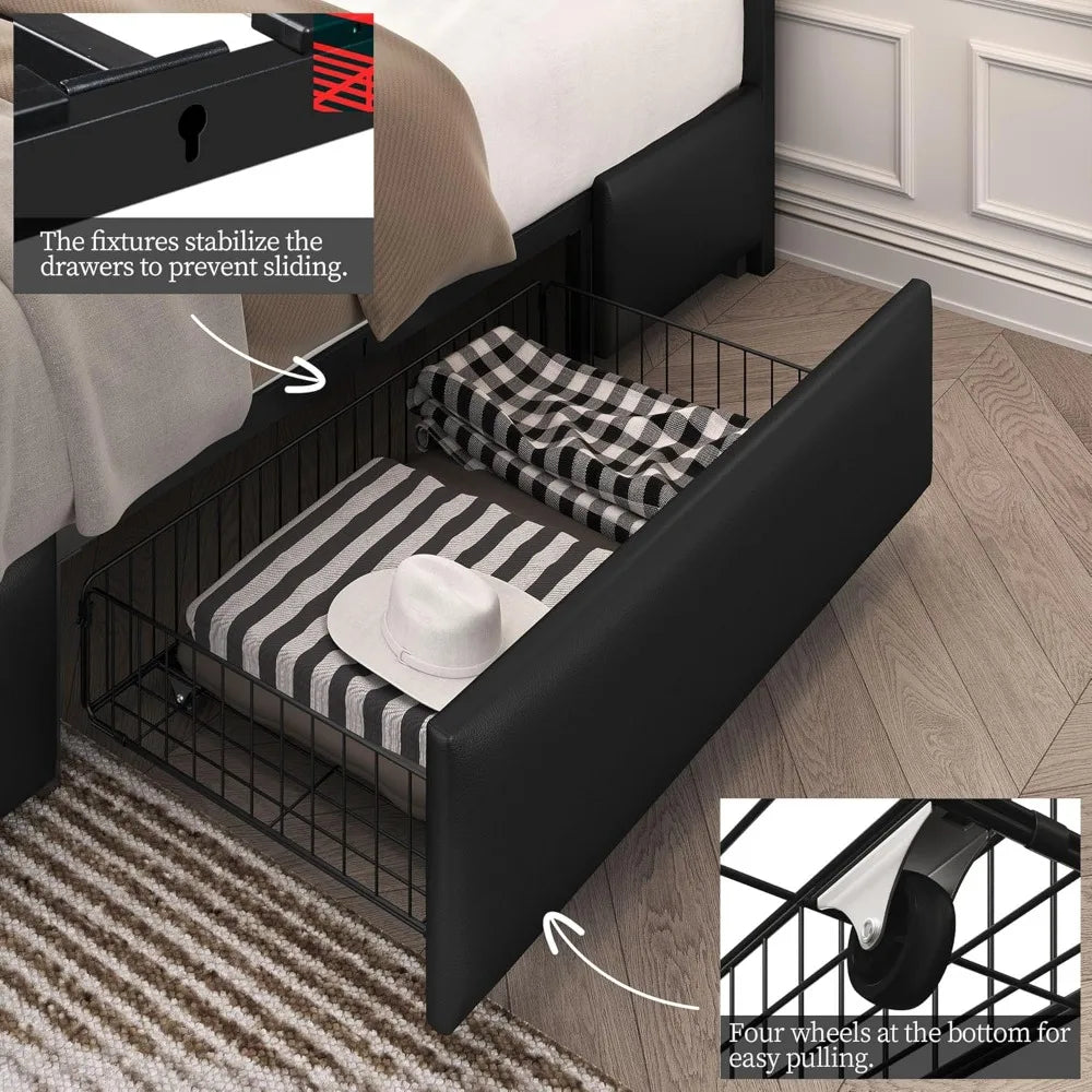 Full Bed Frame Upholstered Bed Frame with Adjustable Diamond Button-Tufted Headboard/3 Drawers Storage, Queen Platform Bed/