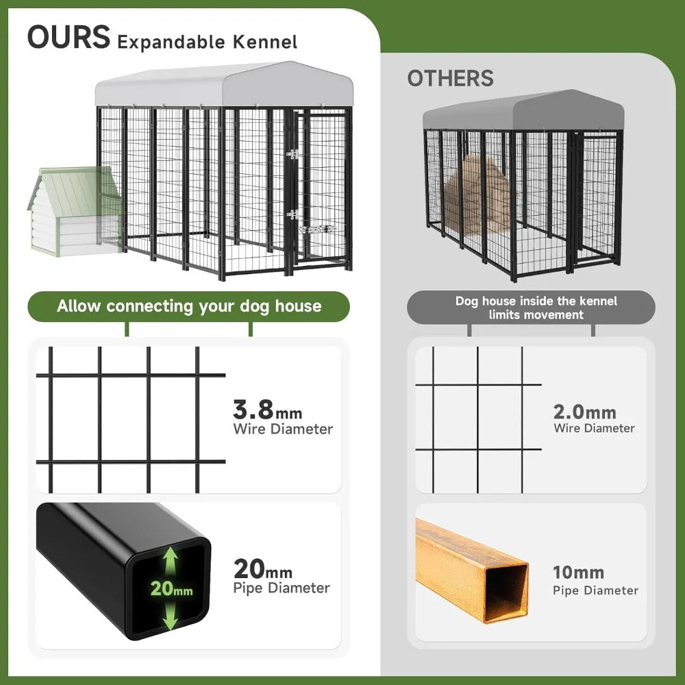 Dog Kennel Pen Outside Outdoor Dog Run with Roof, Swivel Feeders/Removable Doggy Door Allow Connecting Your Dog House- Kennel He
