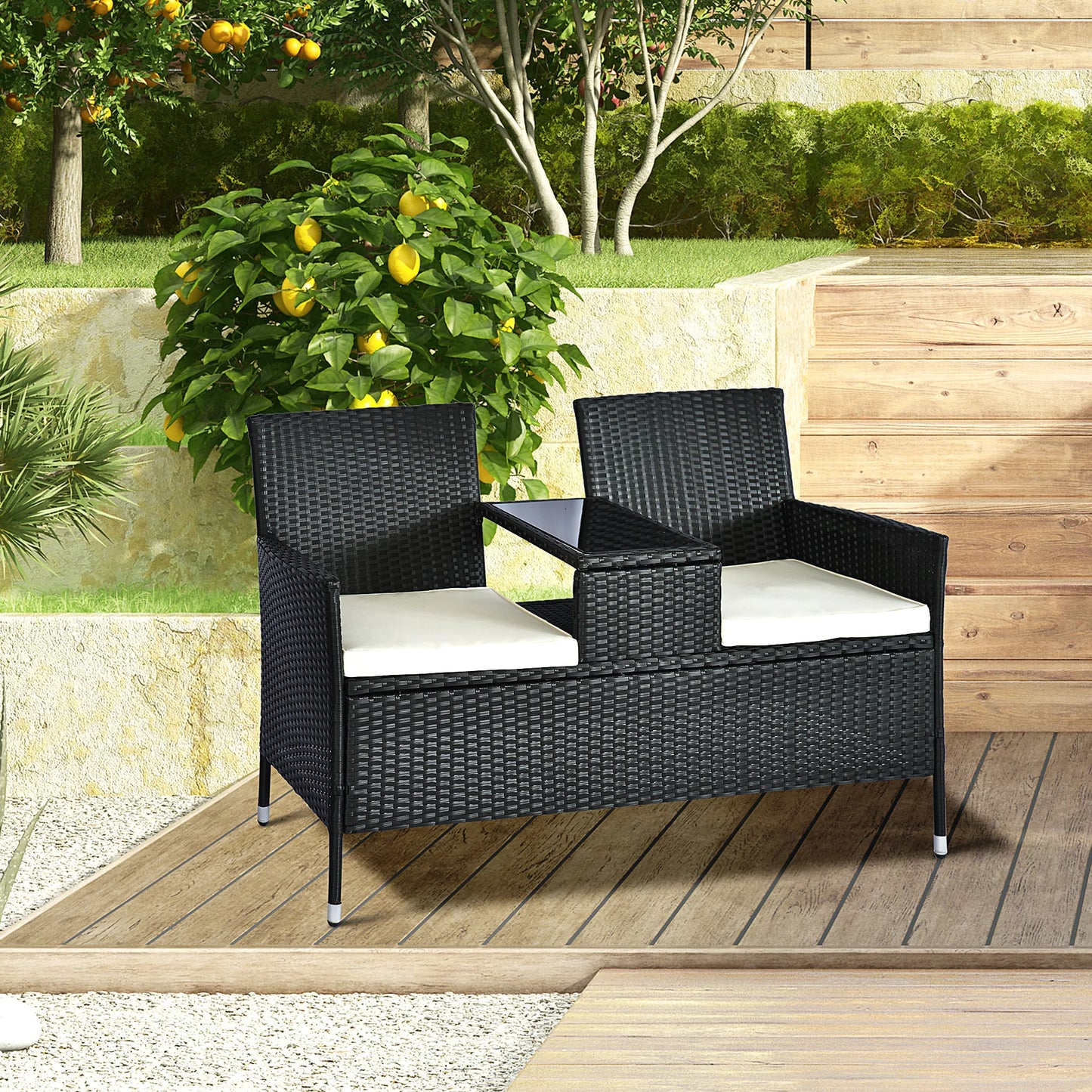 Outsunny 2 Seater Rattan Campanion Chair Wicker Loveseat Outdoor Patio Armchair with Drink Table Garden Furniture - Black