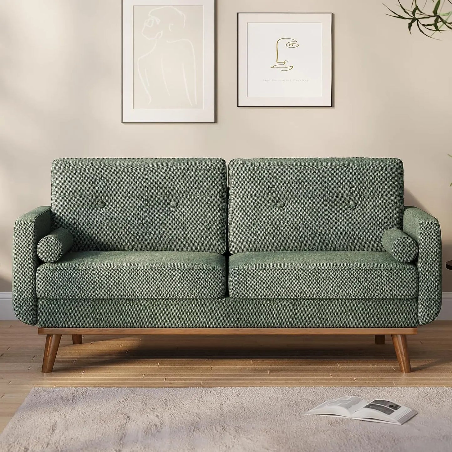 65"Sofa Mid Century Modern Couches for Living Room 2 Seater Deep Seat Couch Linen Upholstered Couch for Bedroom Office