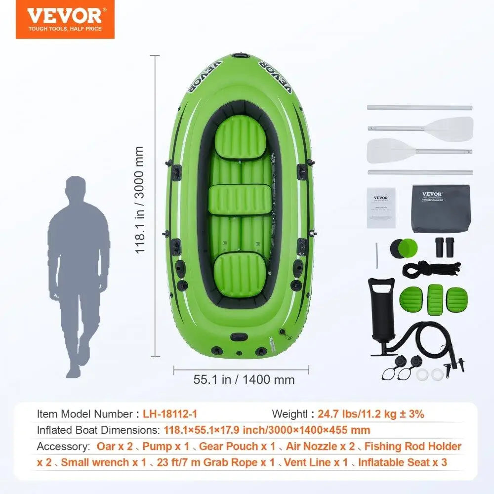 Inflatable Fishing Boat 3 Person Strong PVC Portable Raft Kayak Aluminum Oars Fishing Rod Holders 2 Seats 1100 LB Capacity