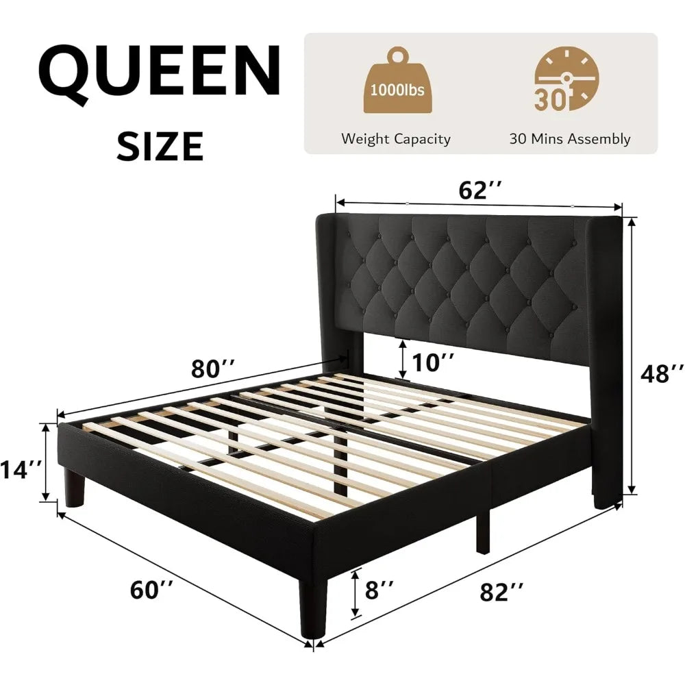Bed Frame with Button Tufted Headboard, Upholstered Bed Frame with Solid Wooden Slats, 8" Underbed Space