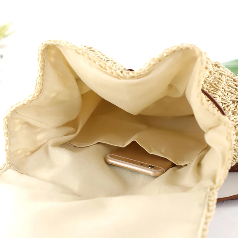 Women Straw Backpack Shoulders Bag Handmade Woven Casual Beach Top Handle Bag