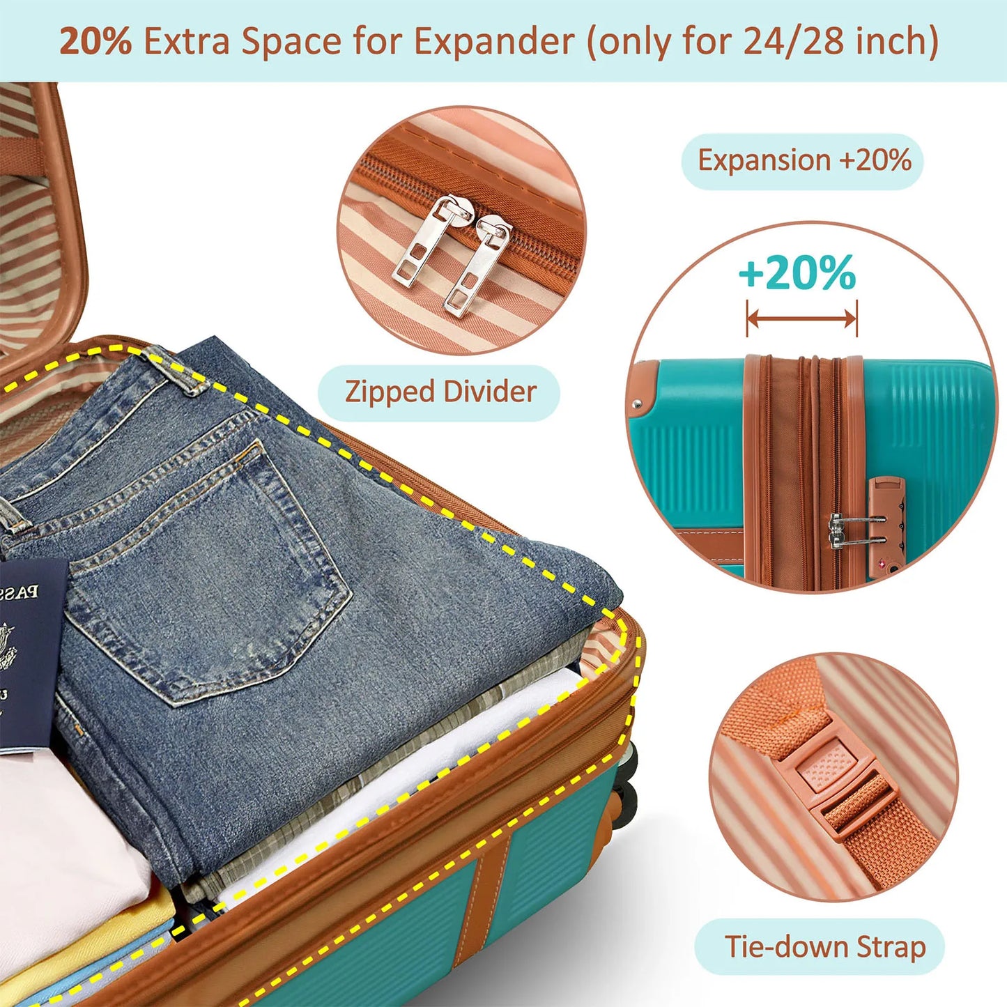 20'' 24'' 28'' 3 Pcs Luggage Travel Suitcase with 8 Spinner Wheels TSA Lock Collision-Protection Angle Travel Rolling Luggages