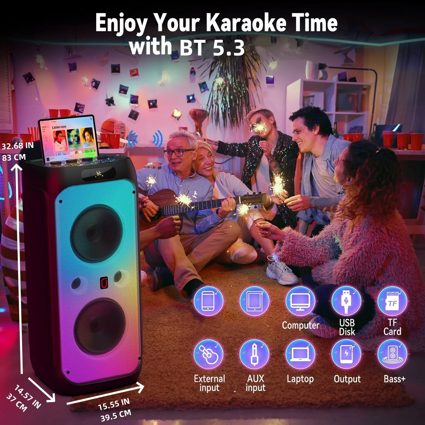 Karaoke Machine for Adults, Big Party Speaker with 500W Peak Power, Wireless PA System with Dual 8" Subwoofers, Disco Lights