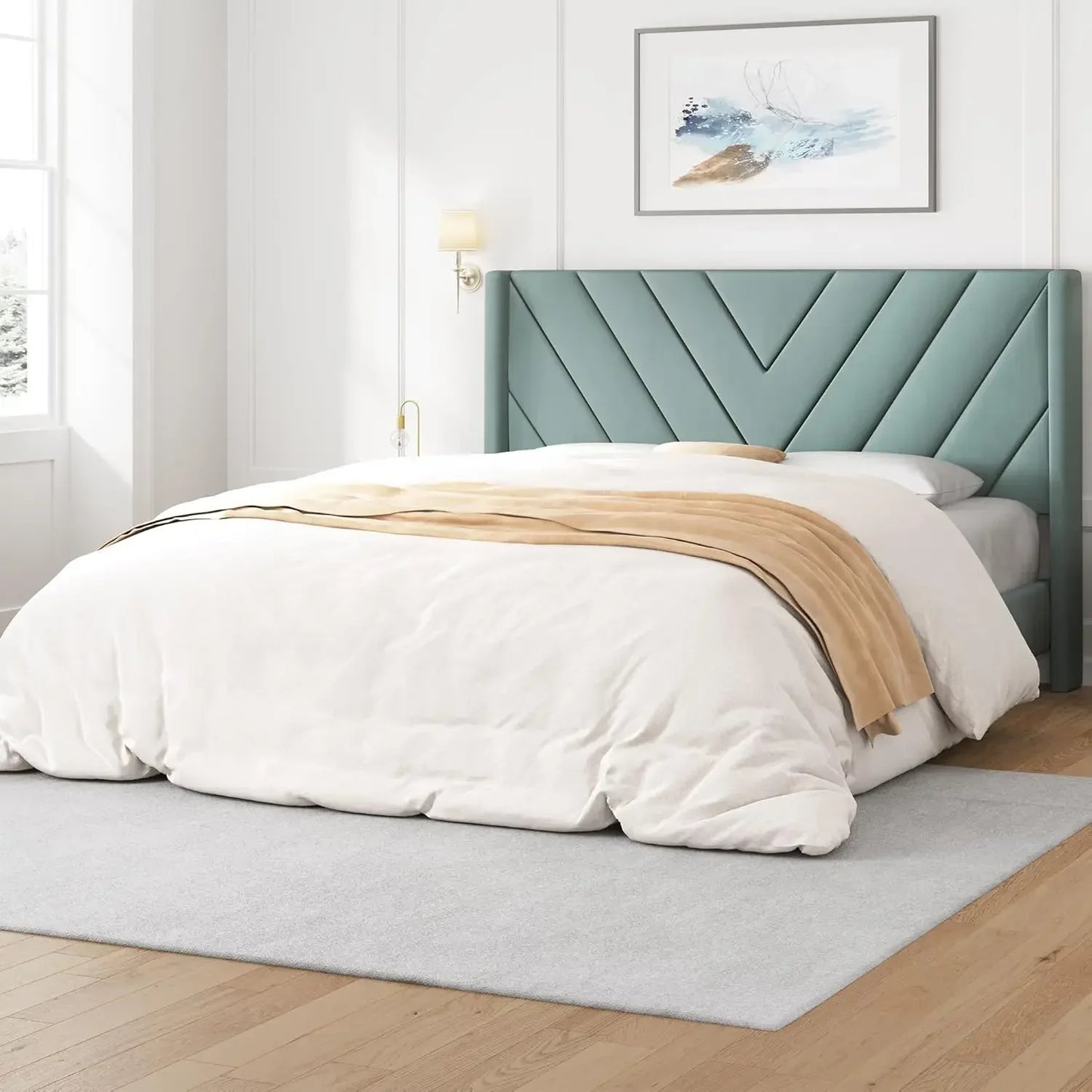 Bed Frame Upholstered Platform Bed with Wing Side/Wooden Slat Support/Tufted Headboard with Wing Side/Mattress Foundation