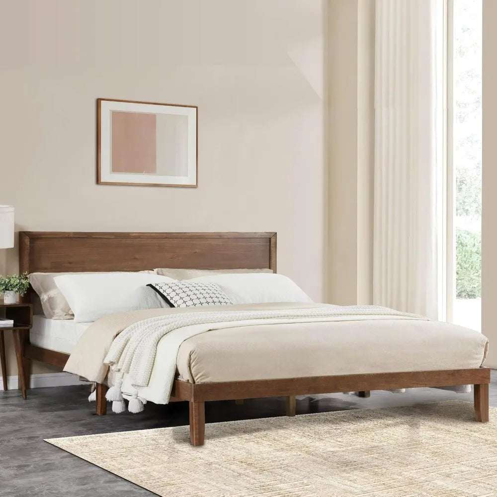 Wood  Bed Frame,Wooden King Platform Bed Frame with Headboard,Sturdy Rubber Modern Home Style Bed Frame for Bedroom (Ki