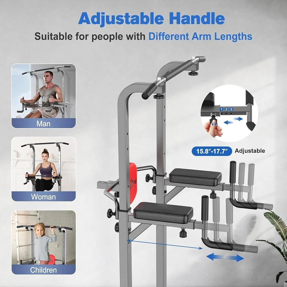 Power Tower Dip Station Pull Up Bar Multi Function Home Gym Strength Training Equipment Adjustable Height Fitness Workout