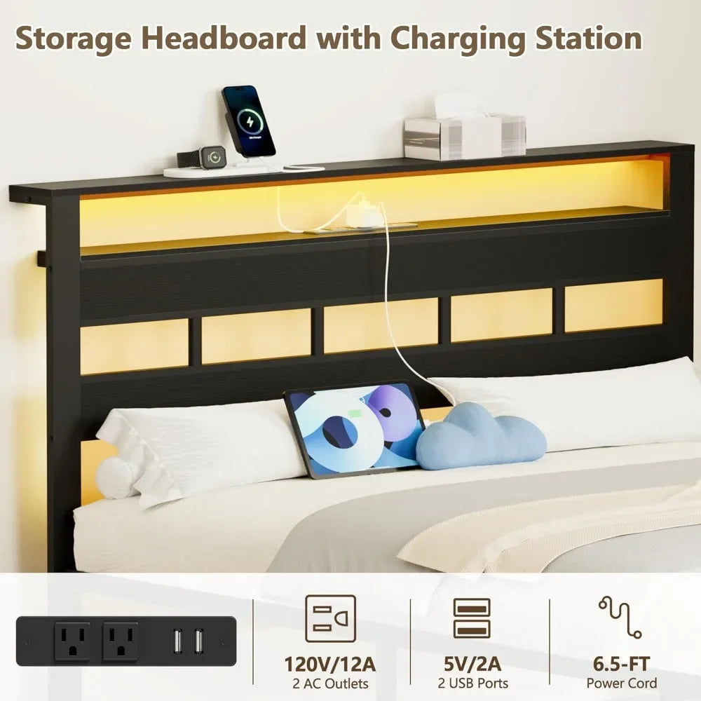Queen Size Bed Frame with Storage Headboard and LED Lights Metal Bedframe with Charging Station Platform Bed