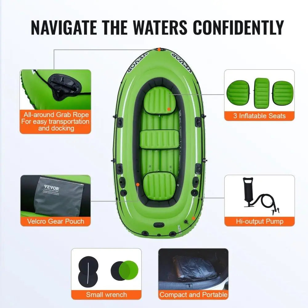 Inflatable Fishing Boat 3 Person Strong PVC Portable Raft Kayak Aluminum Oars Fishing Rod Holders 2 Seats 1100 LB Capacity