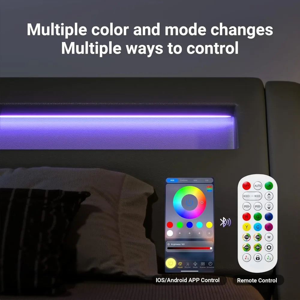 Allewie Full Size LED Platform Bed Frame with Adjustable Headboard/No Box Spring Need/Easy Assembly/Faux Leather in Grey