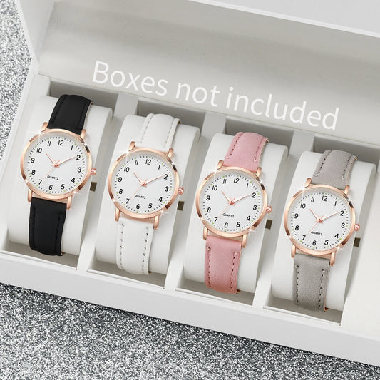 4PCS/Set Fashion Women's Watch Casual Leather Strap Versatile Round Dial Quartz Watch Set