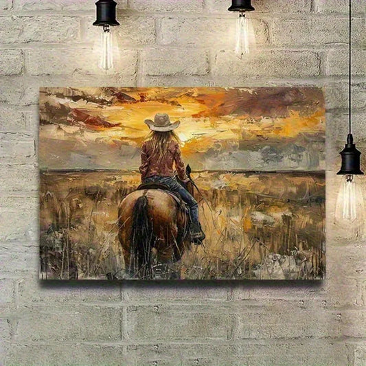 1pc Gallery Wrapped Canvas Cowgirl Riding Horse at Sunset,Premium Western Landscape,Living Room Decor,Vivid Color
