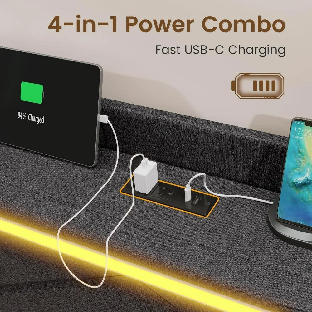 Queen Bed Frame with RGB LED Lights Headboard & USB-C/A Charging Station, Upholstered Platform Bed with Storage Drawers