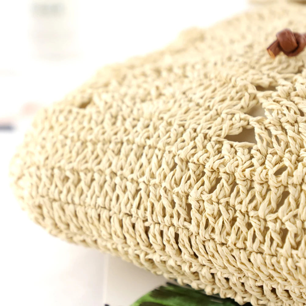 Women Straw Backpack Shoulders Bag Handmade Woven Casual Beach Top Handle Bag