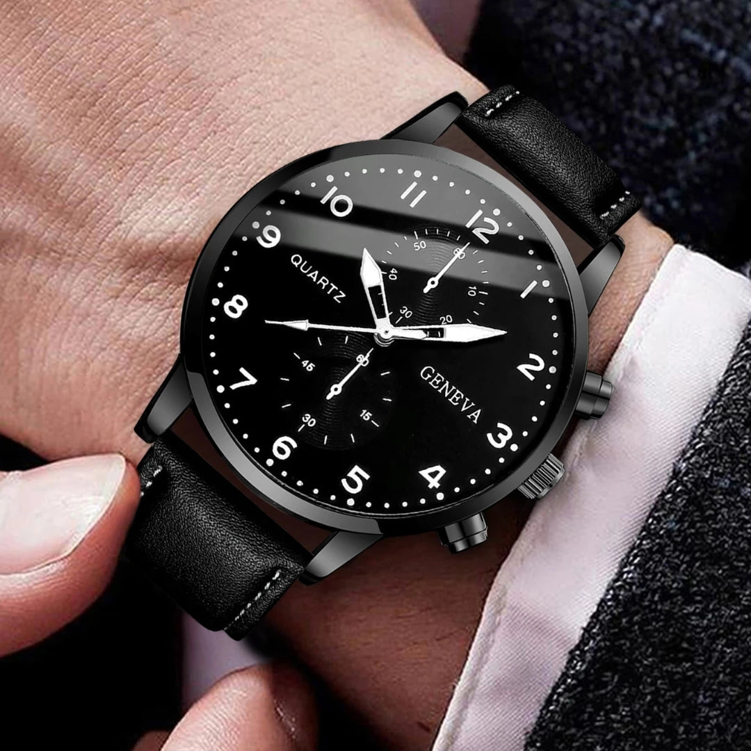 5PCS/Set Men's Business Watches Fashion Arabic Dial Leather Band Quartz Watch Bracelets Set（Without Box）