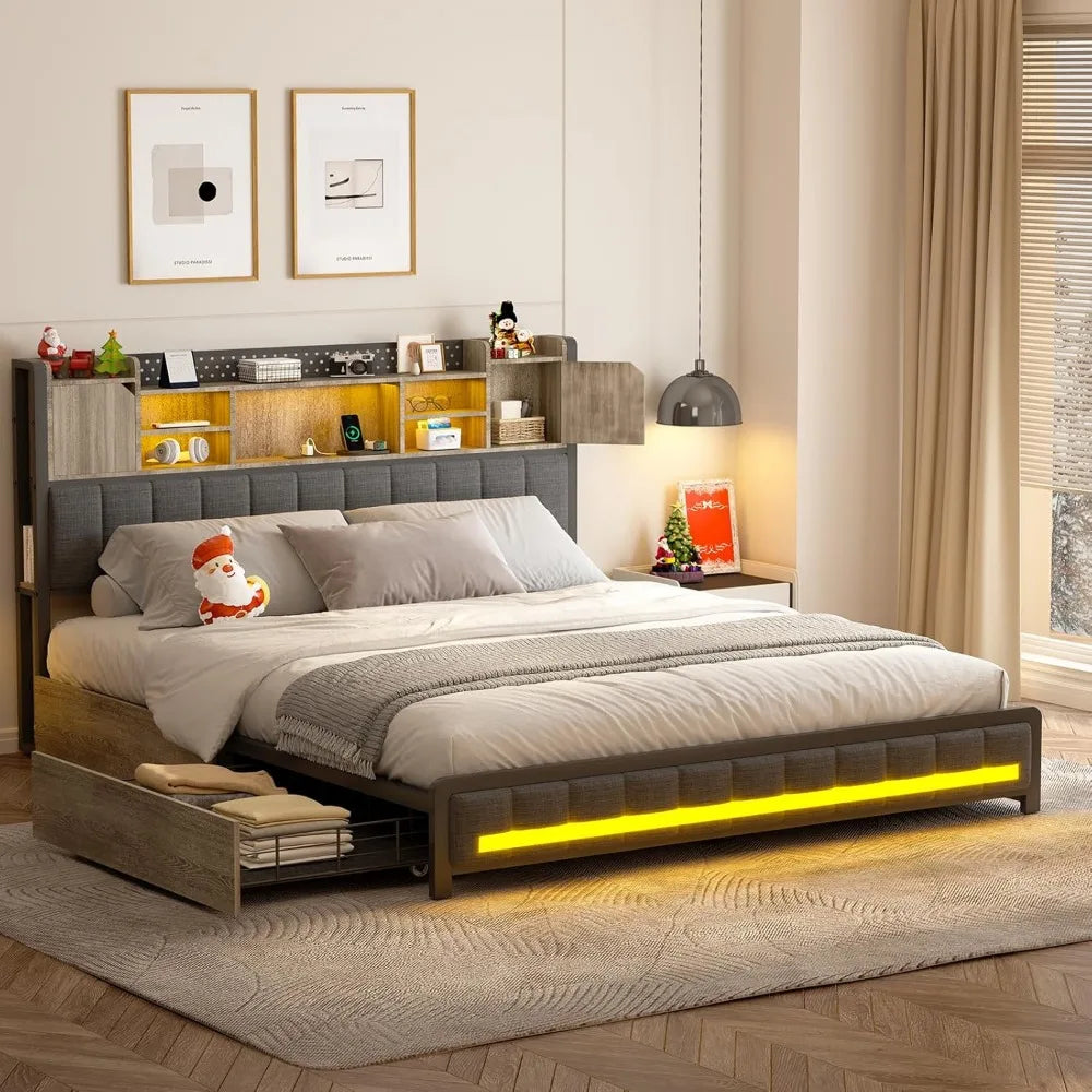 Full Bed Frame with 4 Storage Drawers and Bookcase Headboard, USB Charging Station & LED Lights, Upholstered Bed Full Size