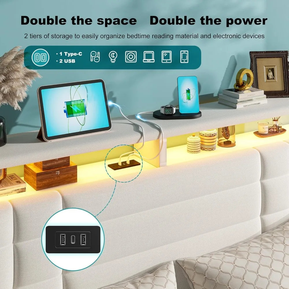 King Size Bed Frame with Charging Station and LED Lights, King Bed Frame with 2-Tier Storage Headboard, Metal Slats