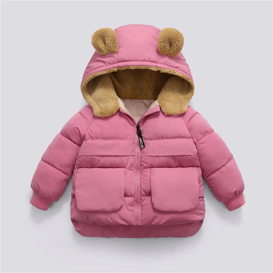 Toddler Kids Baby Boys Girls Winter Warm Solid Coats Bear Ears Fleece Hooded Padded Outwear Light down Jacket Boys