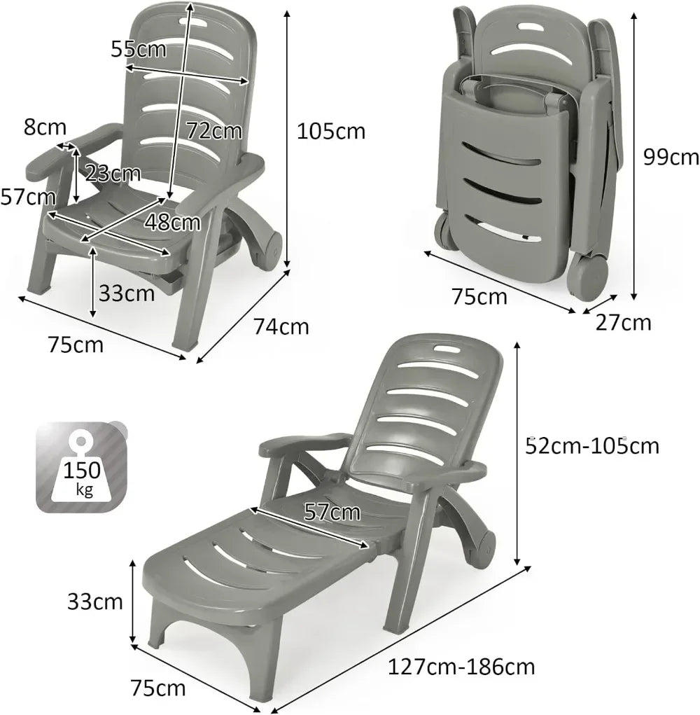 Folding Sunlounger with Wheels, 5-Position Adjustable Outdoor Deck Chair Furniture, Garden Beach Patio