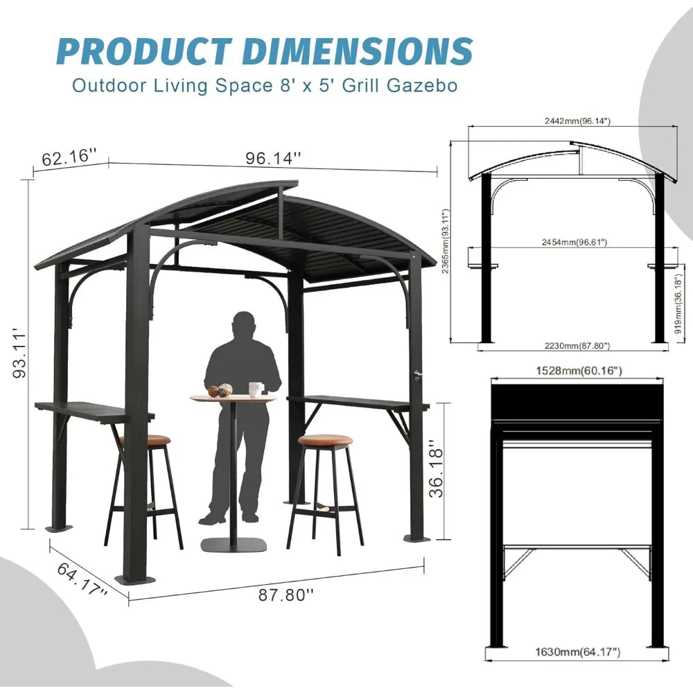 Domi Hardtop Grill Gazebo 8x5FT, Grill Canopy for Outdoor Grill w/Double Galvanized Steel Roof and 2 Side Shelves, BBQ Gazebo Gr