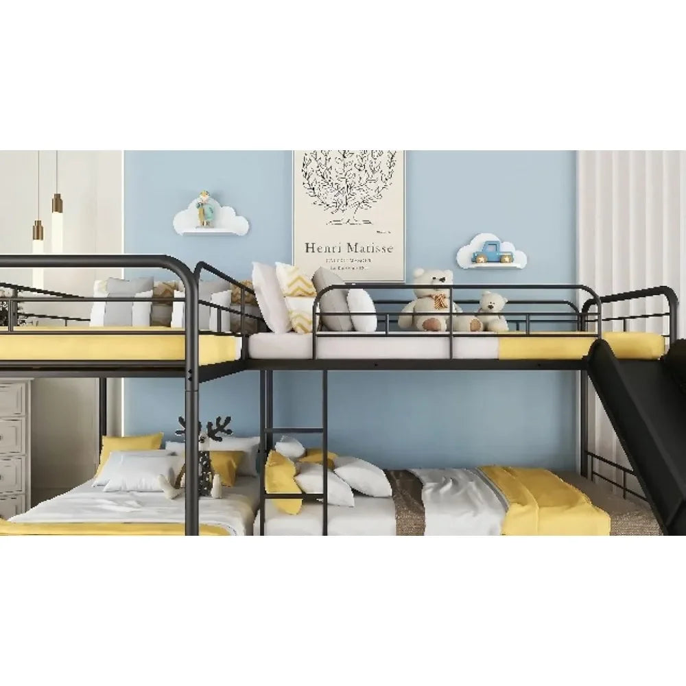 Quad Bunk Bed with Slide, L Shaped Bunk Bed for 4, Twin over Twin Metal Bunk Frame for Kids Teens Girls Boys Beds