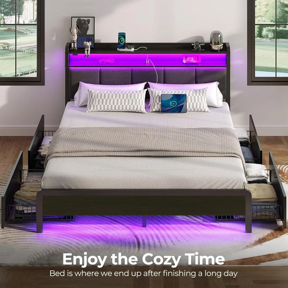 Bed Frame with Charging Station and LED Lights, Upholstered Storage Headboard with Drawers, Heavy Duty Metal Slats