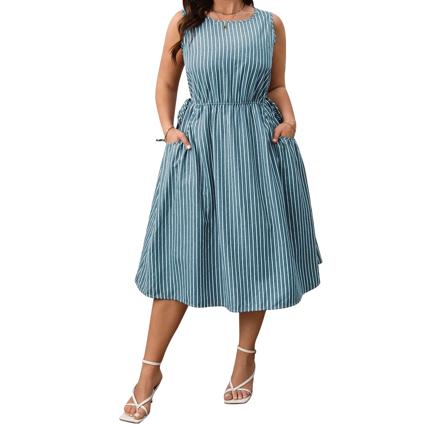 Women Plus Size Sleeveless Dress Summer Casual Floral Print A-Line Party Dress with Belt for Beach Club Streetwear and Vacation