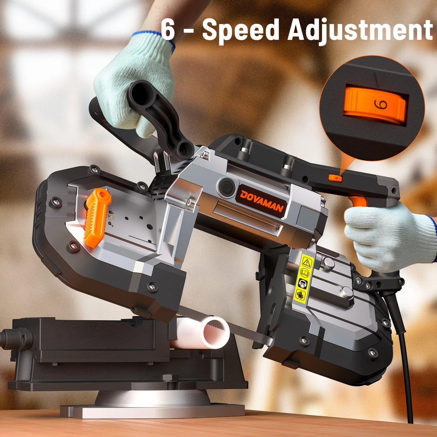 DOVAMAN Portable Band Saw, 10A Corded Handheld, 5" Cut Capacity, 6-Speed, 0°–45° Adjustable, Wood & Metal, 2 Blades