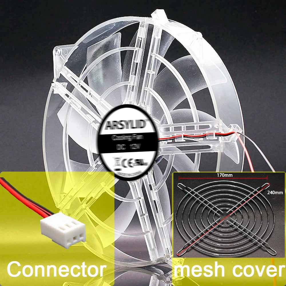 22cm Large Size Slient Cooling Fan 22030 220mm Thickness 30mm Quiet Transparent Frame Blade With Protective Mesh