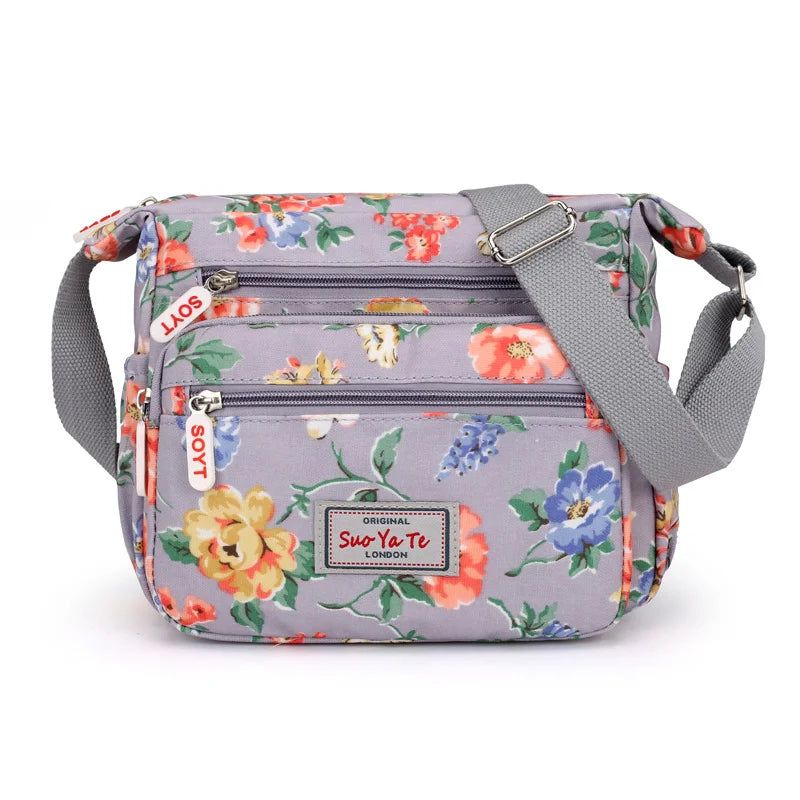 Women Crossbody Bags Casual Shoulder Backpack Multi Layered Floral Print Mother Handbag Canvas Cloth Bag Travel Messenger Purses