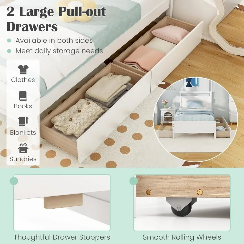 Wood Twin Bed with 2 Storage Drawers, Solid Wood Platform Bed with Headboard, Single Bed Wooden Slats Support