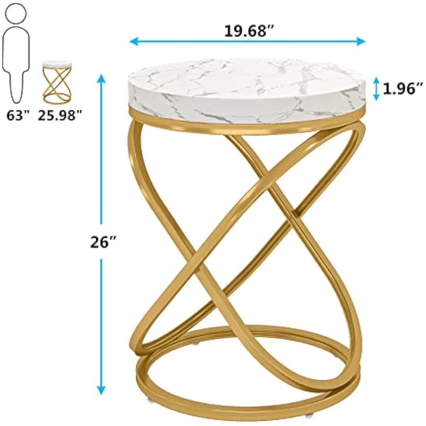 26 Inches White and Gold Faux Marble Top End Tables Living Room, Round Nightstands Sofa Side Table with Double X-Shaped Ring U