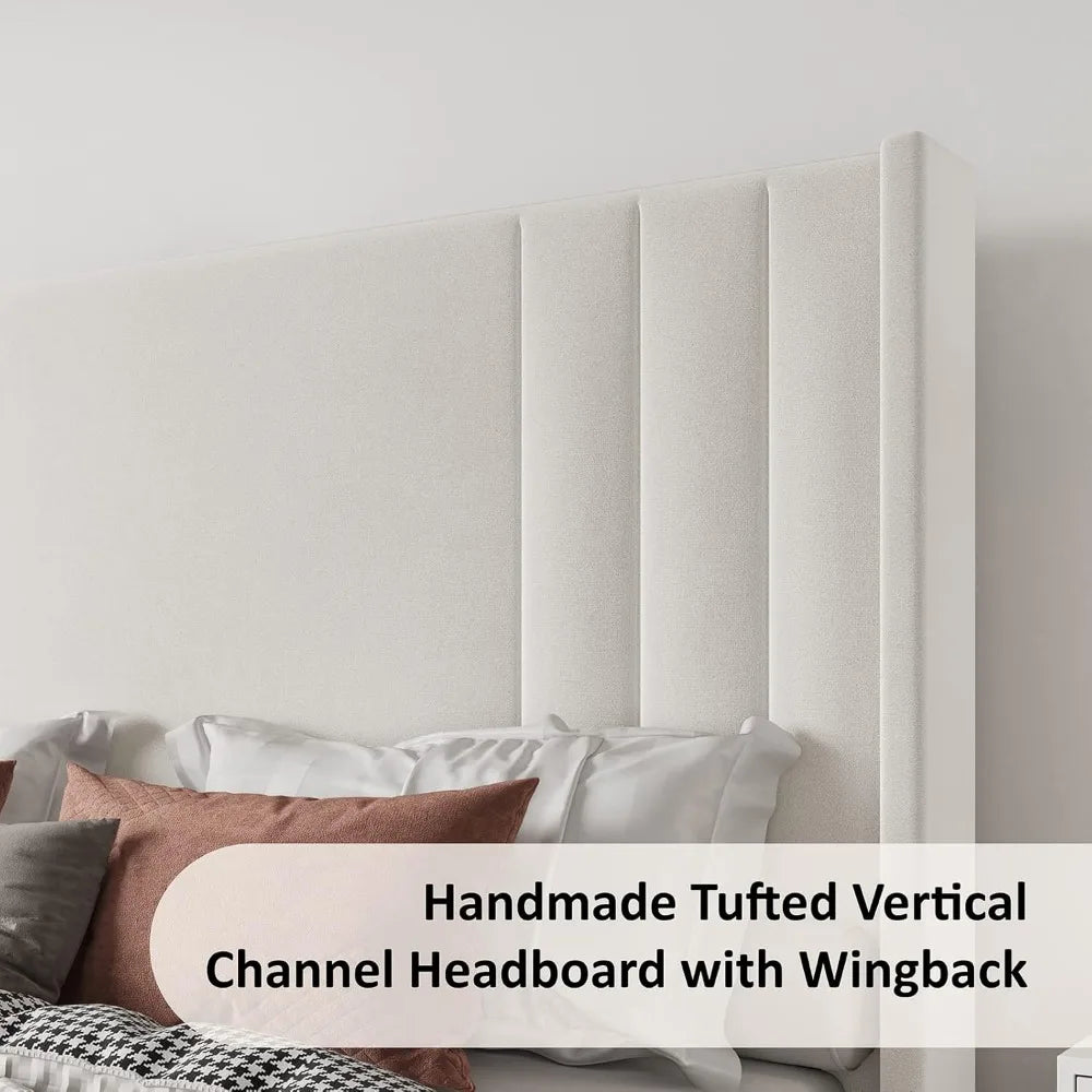 Albott Queen Size Platform Bed Frame, Upholstered Bed with Vertical Channel Tufted Wingback Headboard & Footboard, Premium Velve