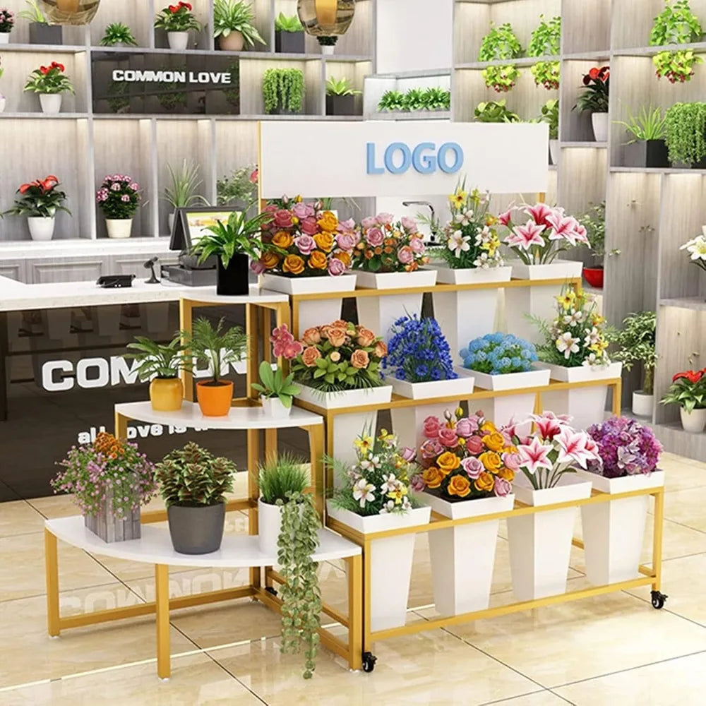 Flower Display Stand With 12PCS Buckets, 3 Layers Metal Plant Stand with Wheels, Living Room, Florist (White - Square Bucket)