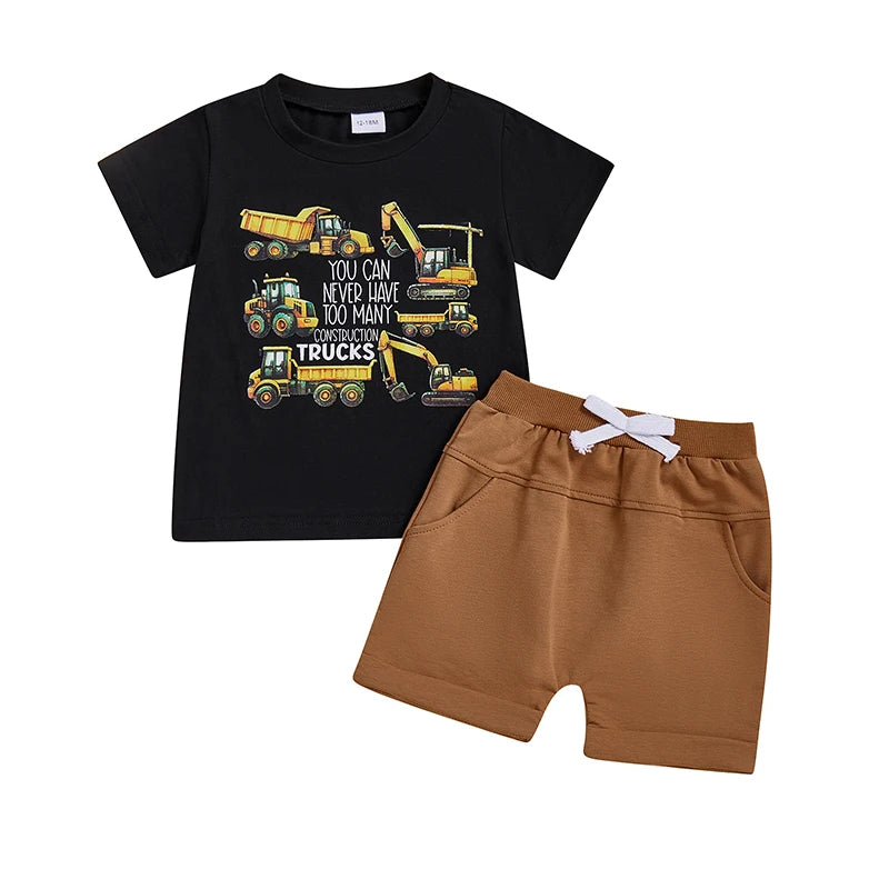 Boys Summer Outfit Sets with Short Sleeve O Neck Truck Print Tops and Solid Color Shorts - Casual and Cool Summer Wear for Boys