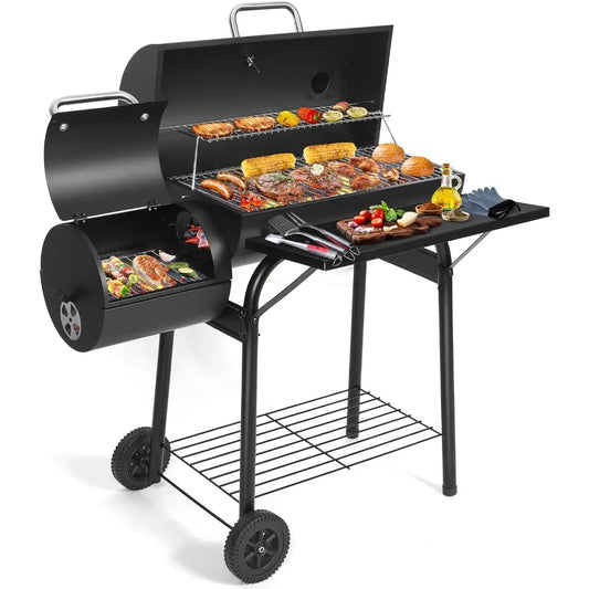 Charcoal BBQ Grill With Offset Smoker: Large Oil Drum Barbecue Barrel Grill For Outdoor Garden