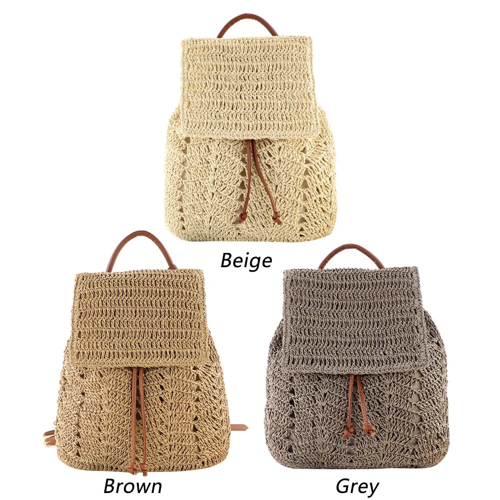 Women Straw Backpack Shoulders Bag Handmade Woven Casual Beach Top Handle Bag