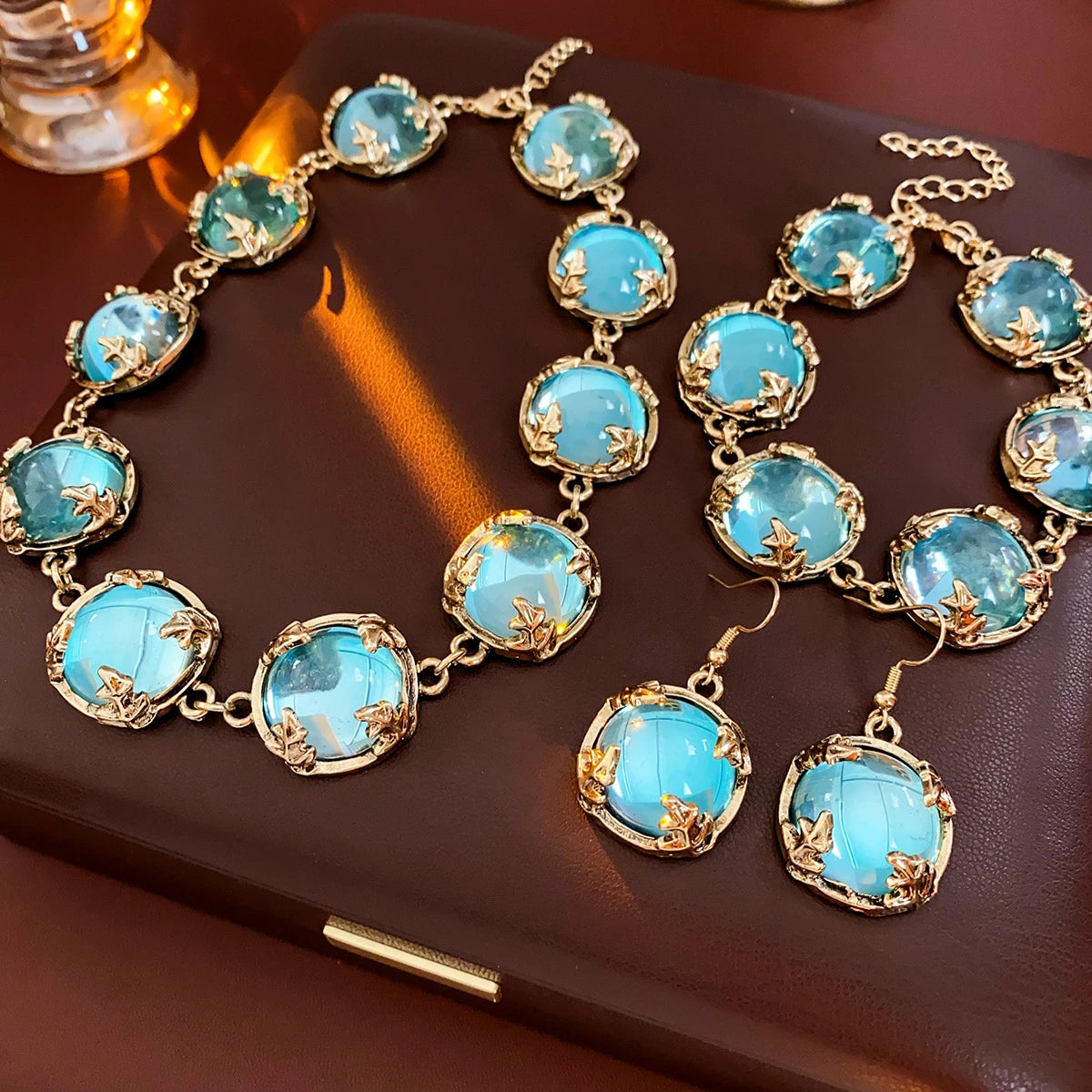 Vintage Fashion Wedding Jewelry Sets for Women Light Luxury Round Resin Necklace Versatile High-end Earring Bracelet