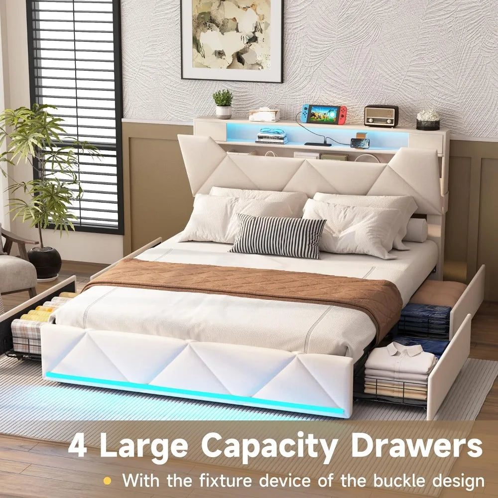 Full Bed Frame with Storage Headboard and 4 Drawers,Upholstered Platform Charging Station and Led Lights,Adjustable Headboard