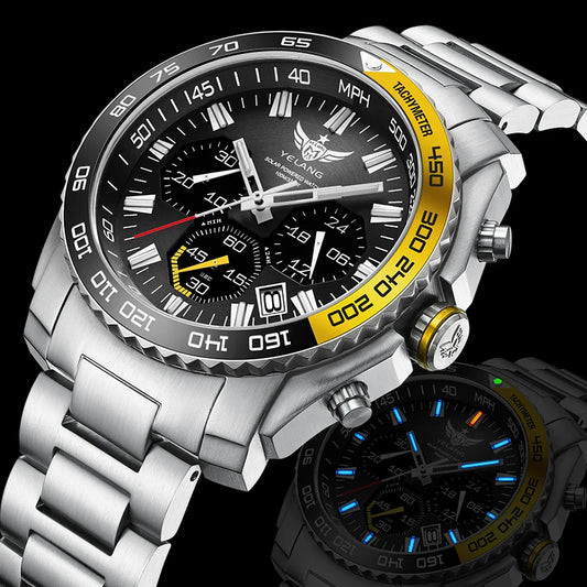 Yelang V1215 Man Watch Sports Watch Japan Eco-Drive VR42 Solar Watch 100m Waterproof  Diving Watch luminous Business Sapphire