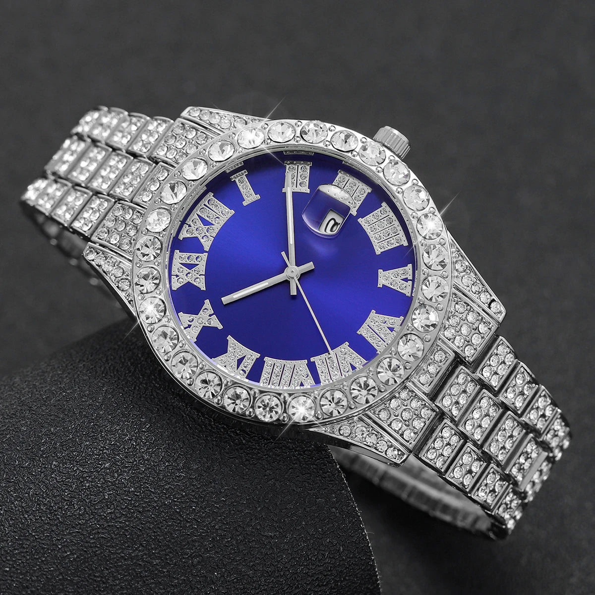 Fashion Full Diamond Men's Watch Stainless Steel Band Male Quartz Wristwatches Date Calendar Watches