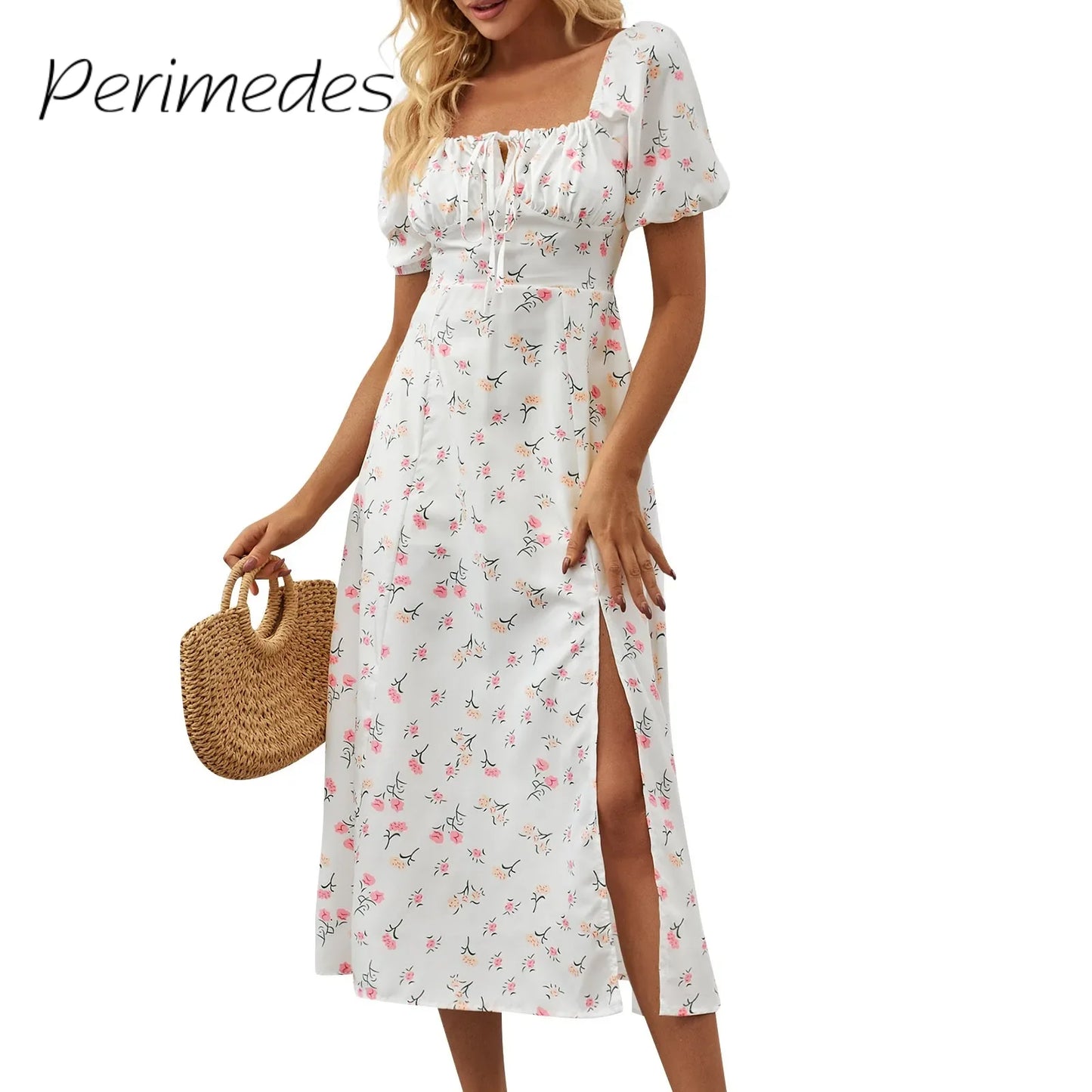 Women'S Summer New Dress Fashionable Solid Color High Waist Dress Floral Printed Short Bubble Sleeve Square Neck Dresses
